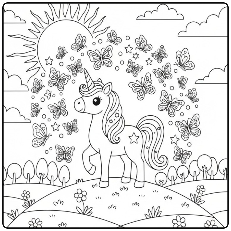 Zonnige Kleurplaat baby unicorn met vlinders en sterretjes.