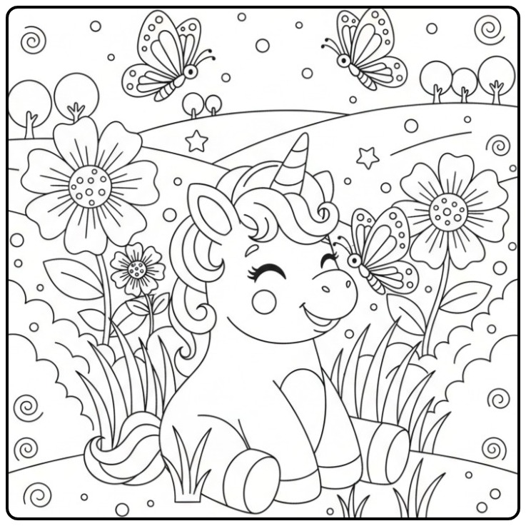 Schattige Kleurplaat baby unicorn met vlinders en bloemen.