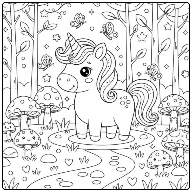 Een schattige Kleurplaat baby unicorn met vlinders in het bos.