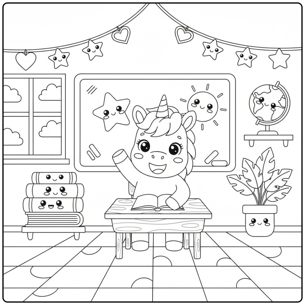 Een leuke Kleurplaat baby unicorn op school in het klaslokaal.