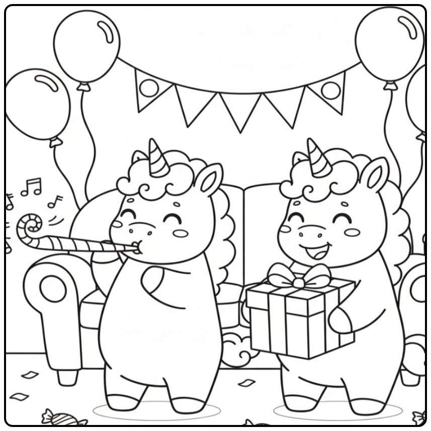 Leuke Kleurplaat baby unicorn op verjaardagsfeestje met cadeau.