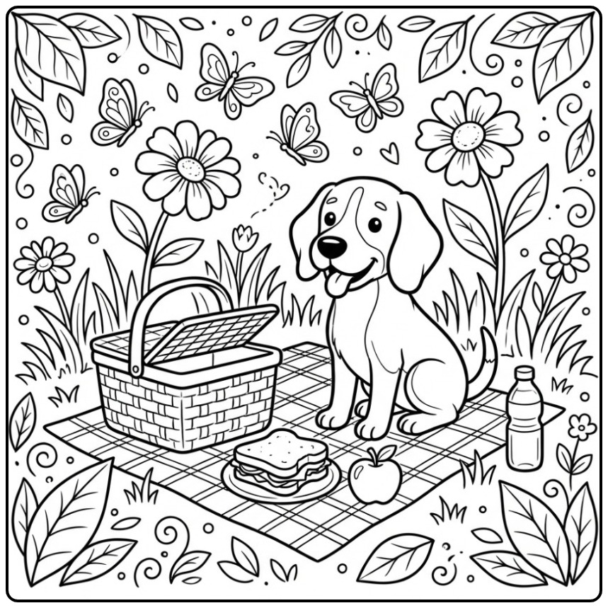 Een schattige kleurplaat beagle tijdens een zonnige picknick.