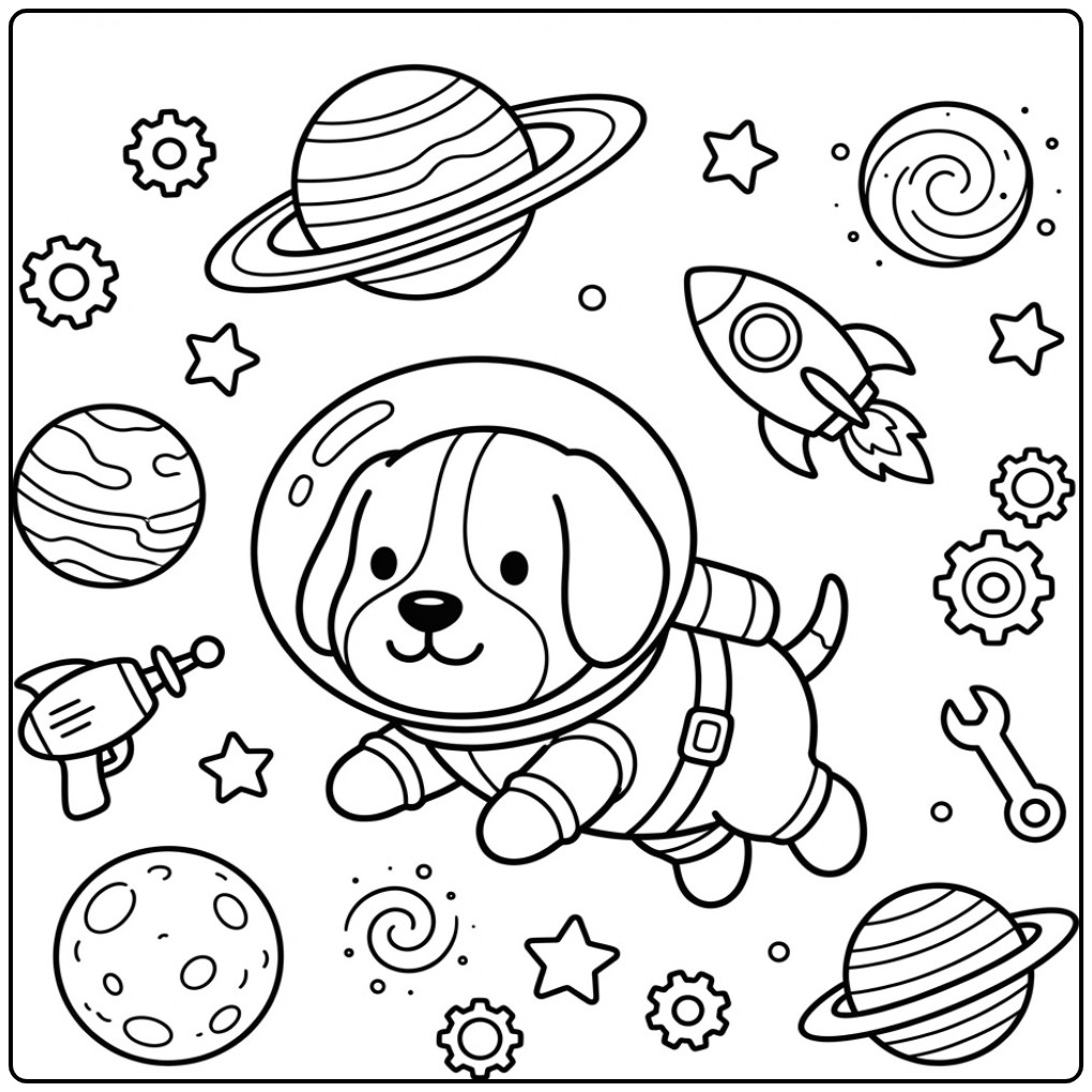 Een leuke kleurplaat beagle als astronaut tussen de planeten.