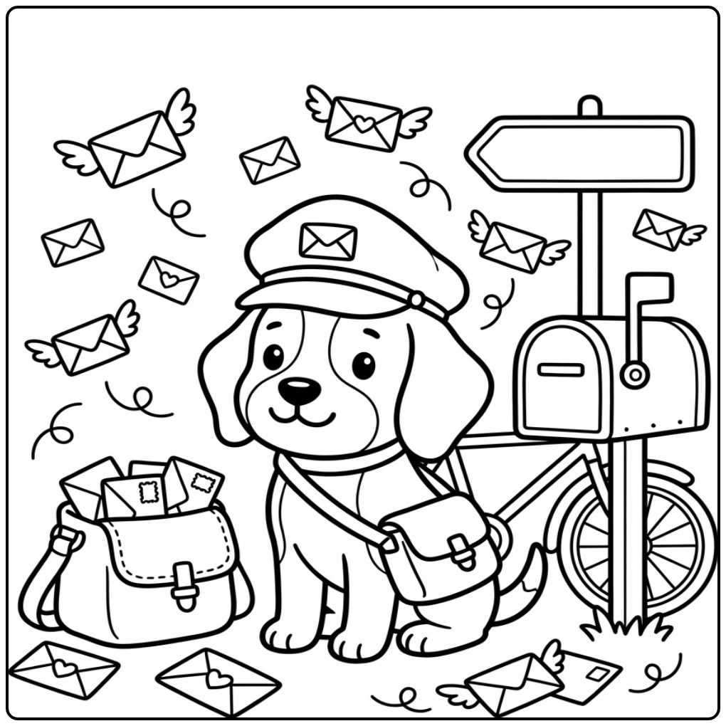 Schattige kleurplaat beagle als postbode met veel brieven.
