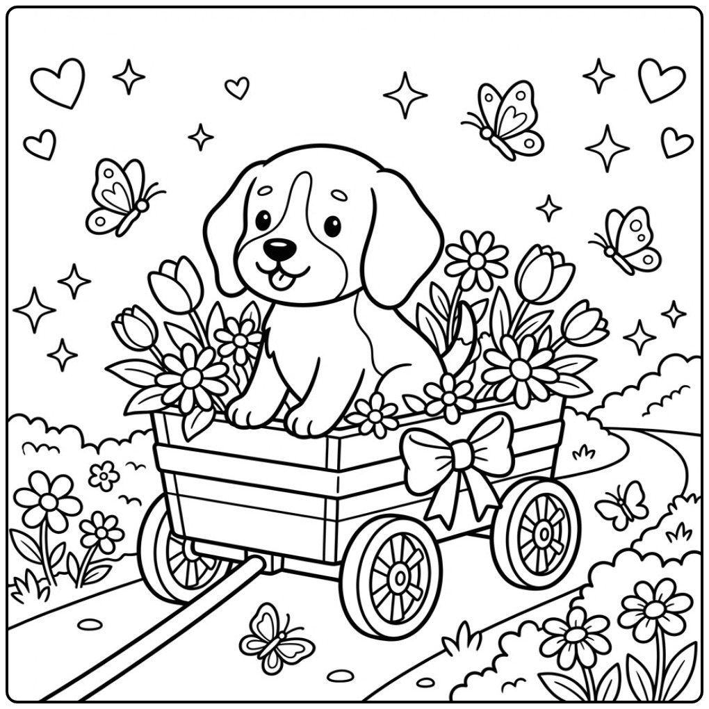 Een schattige kleurplaat beagle in een houten kar met bloemen.