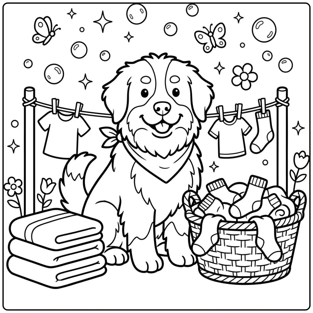 Een schattige kleurplaat berner sennenhond die helpt met de was