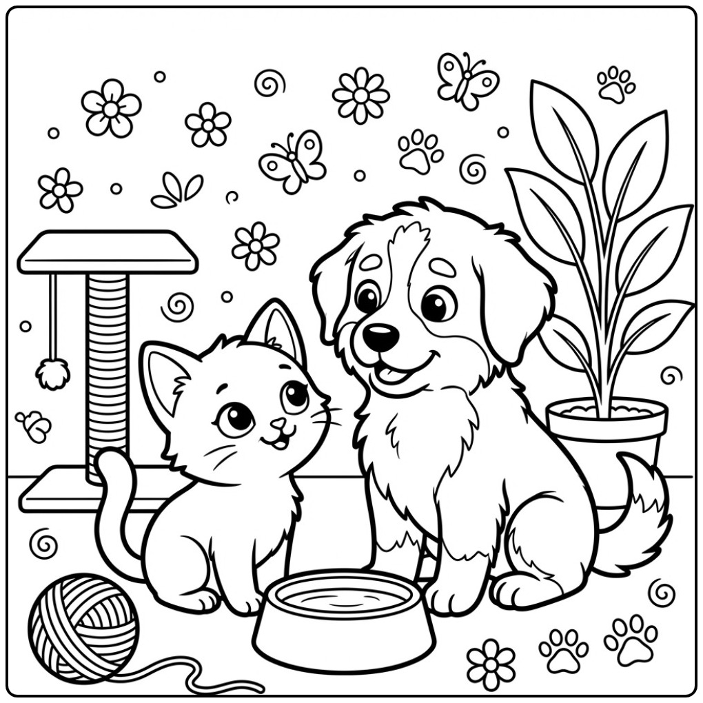 Leuke kleurplaat berner sennenhond puppy met een klein katje.