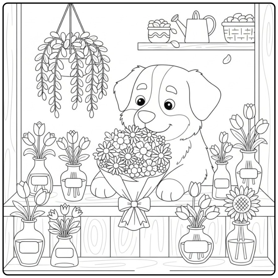 Een schattige kleurplaat berner sennenhond in een bloemenwinkel.