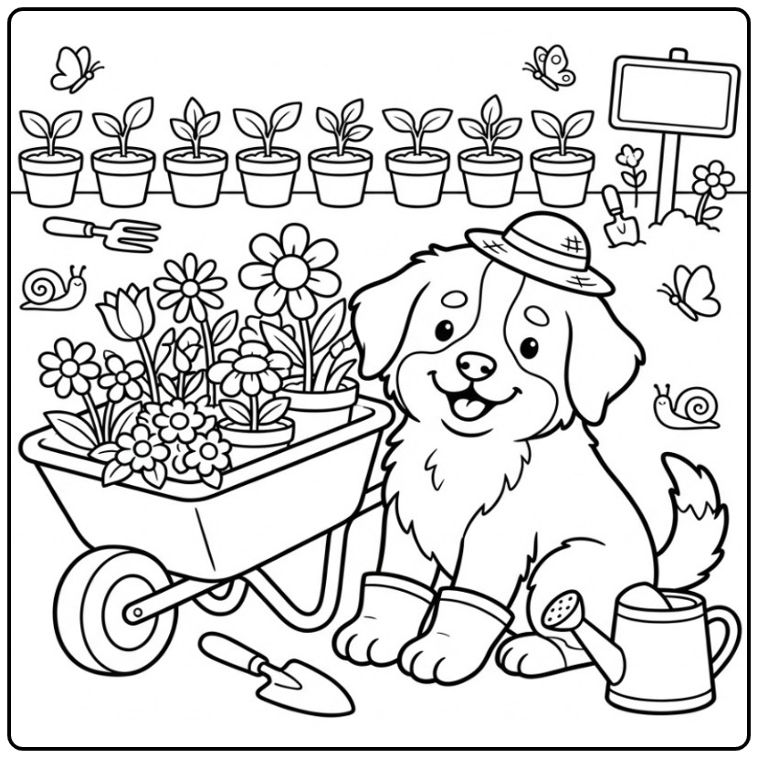 Schattige tuinier kleurplaat berner sennenhond met bloemen