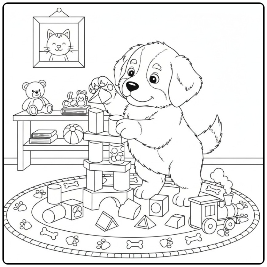 Schattige kleurplaat berner sennenhond die een blokkentoren bouwt.