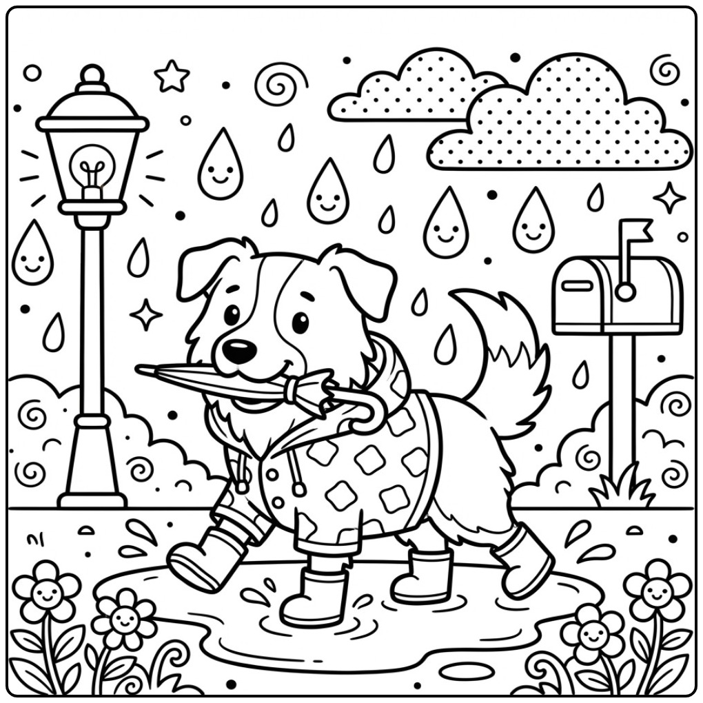 Een leuke kleurplaat border collie in een regenjas met laarzen.