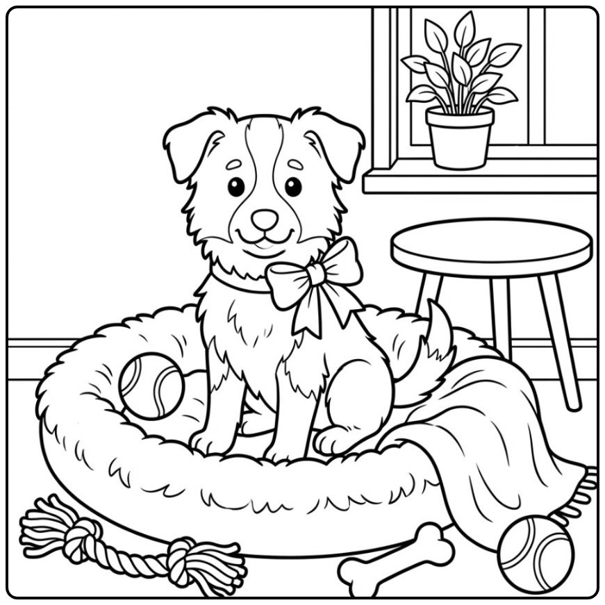 Een schattige kleurplaat border collie puppy in een hondenmand.