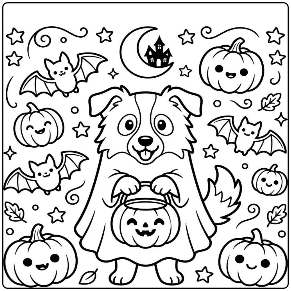 Leuke Halloween kleurplaat border collie in een spookkostuum.