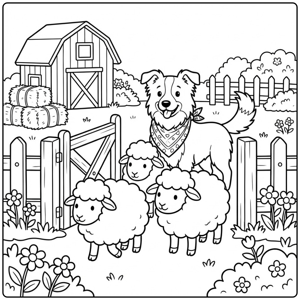 Leuke kleurplaat border collie met sjaaltje en drie schapen.