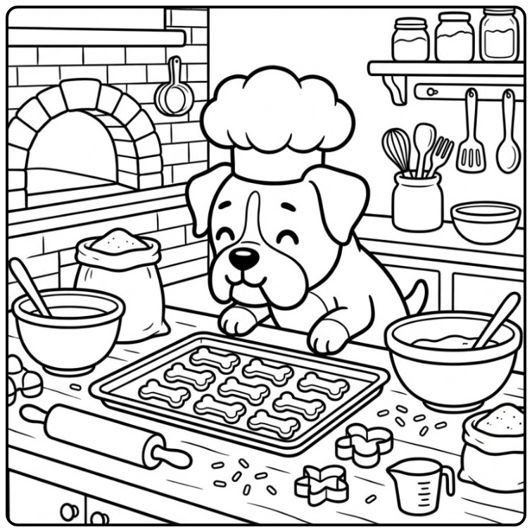 Leuke kleurplaat boxer hond met een koksmuts bakt koekjes.