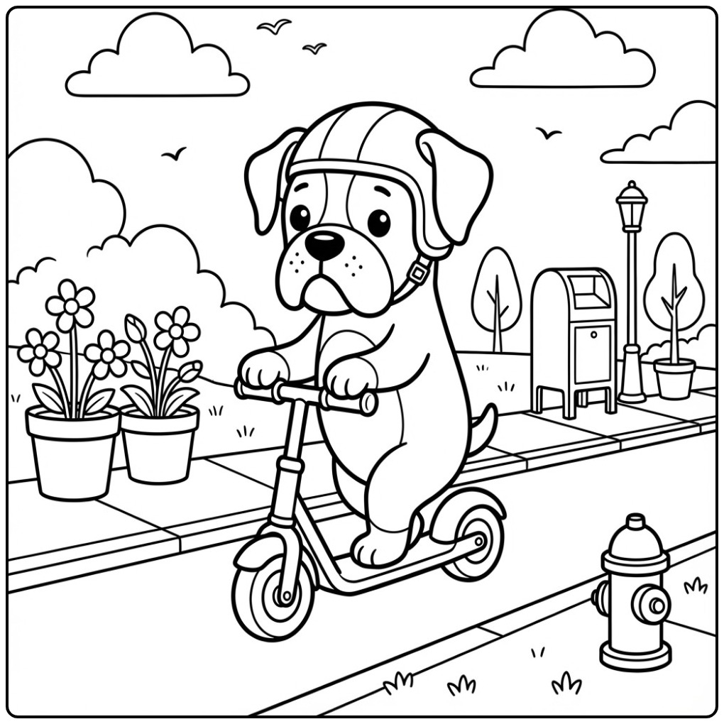 Een veilige kleurplaat boxer hond op een step met een helm op.