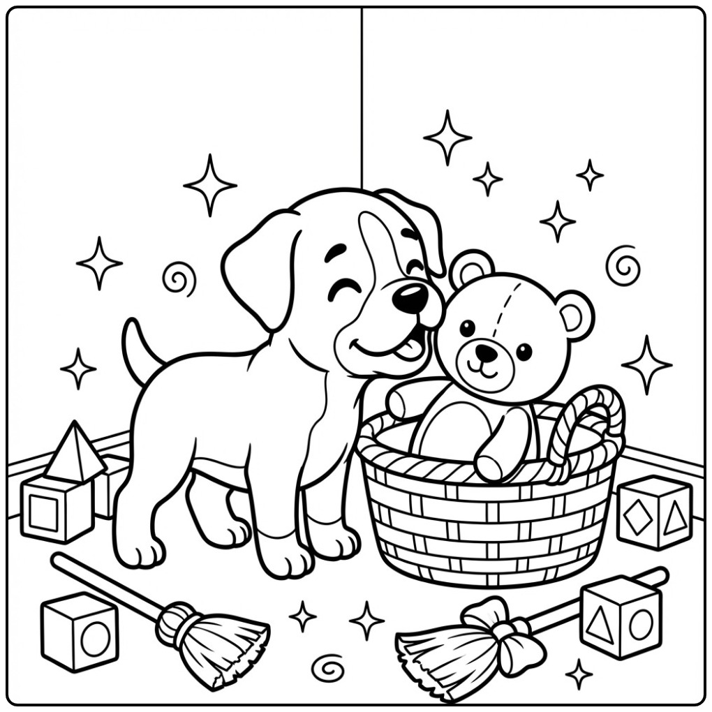 Leuke kleurplaat boxer hond met een teddybeer in een mandje.