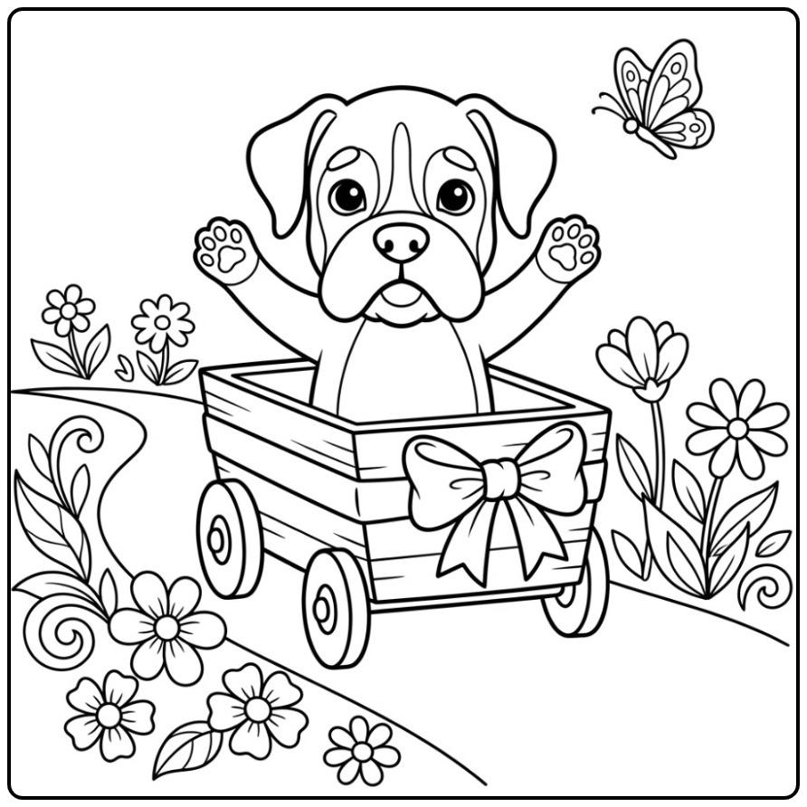 Leuke kleurplaat boxer hond in een wagentje met een strik.