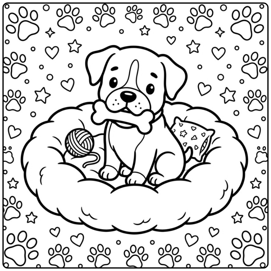 Schattige kleurplaat boxer hond in een zachte mand met een bot.