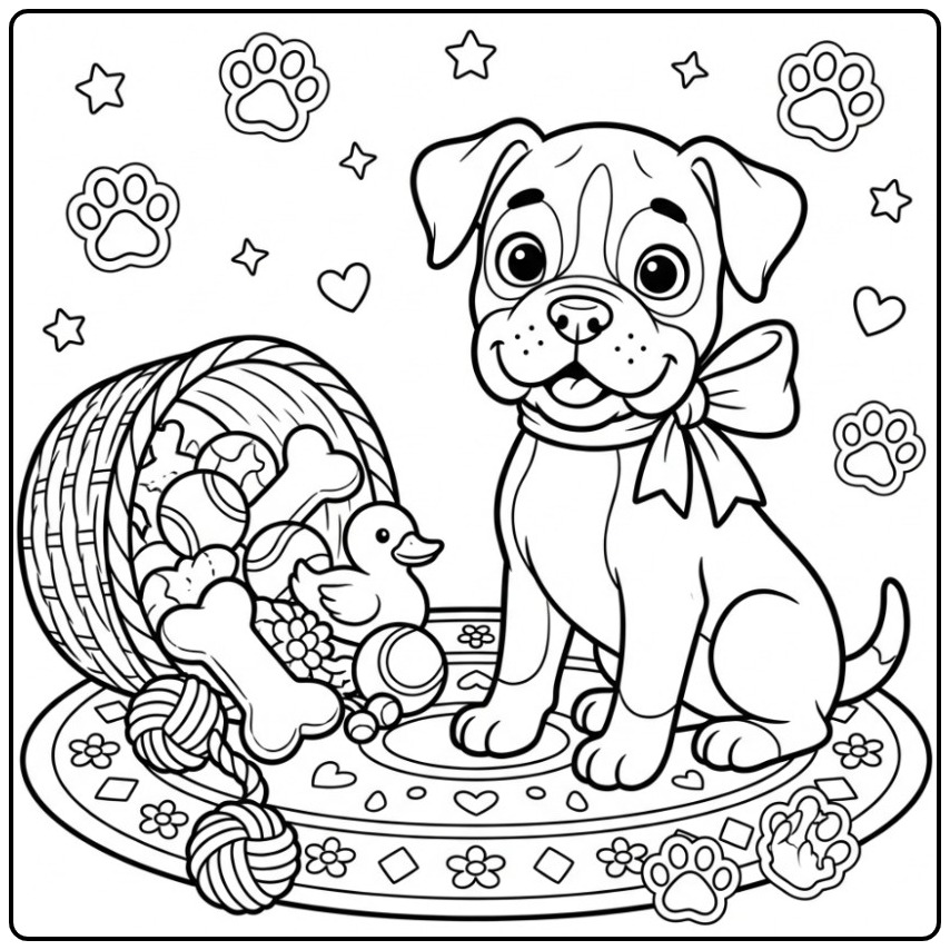 Een schattige kleurplaat boxer hond met een mand vol speelgoed.