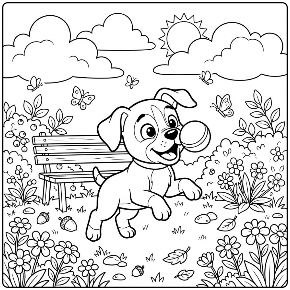 Speelse kleurplaat boxer hond met een bal in een zonnig park.