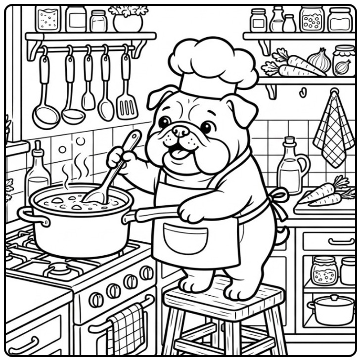 Een schattige kleurplaat bulldog als chef kok in de keuken.