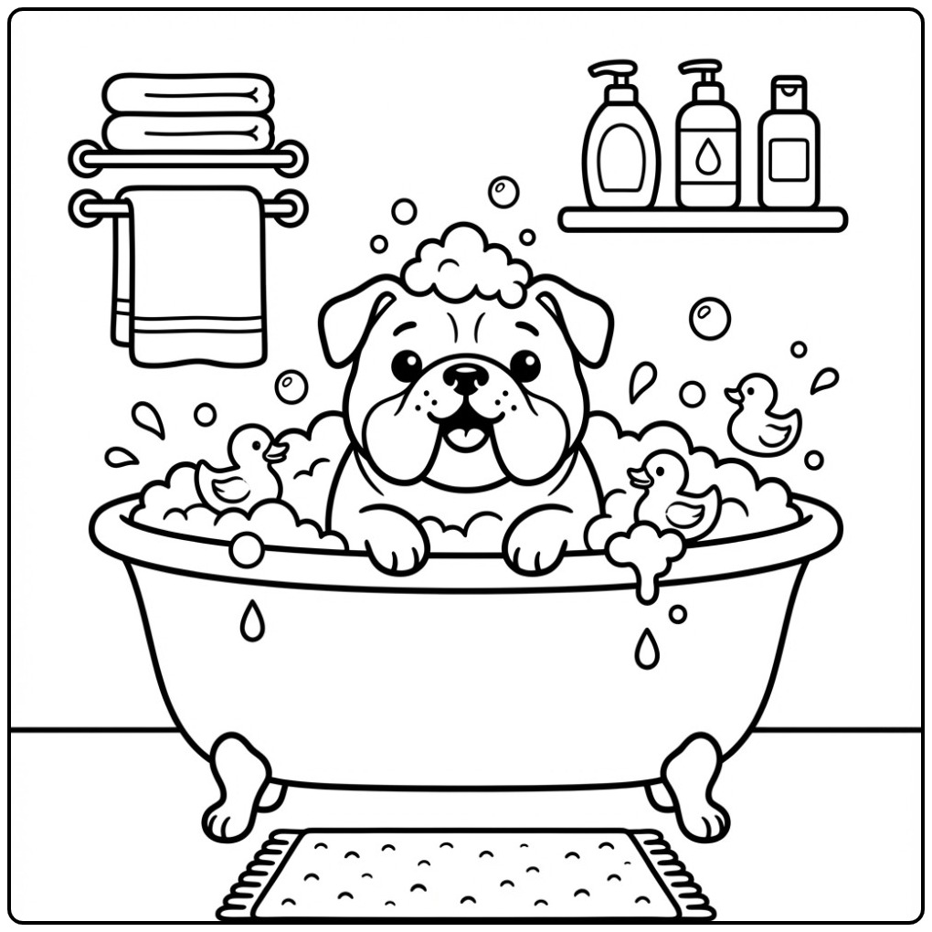 Een leuke kleurplaat bulldog die een bubbelbad neemt.