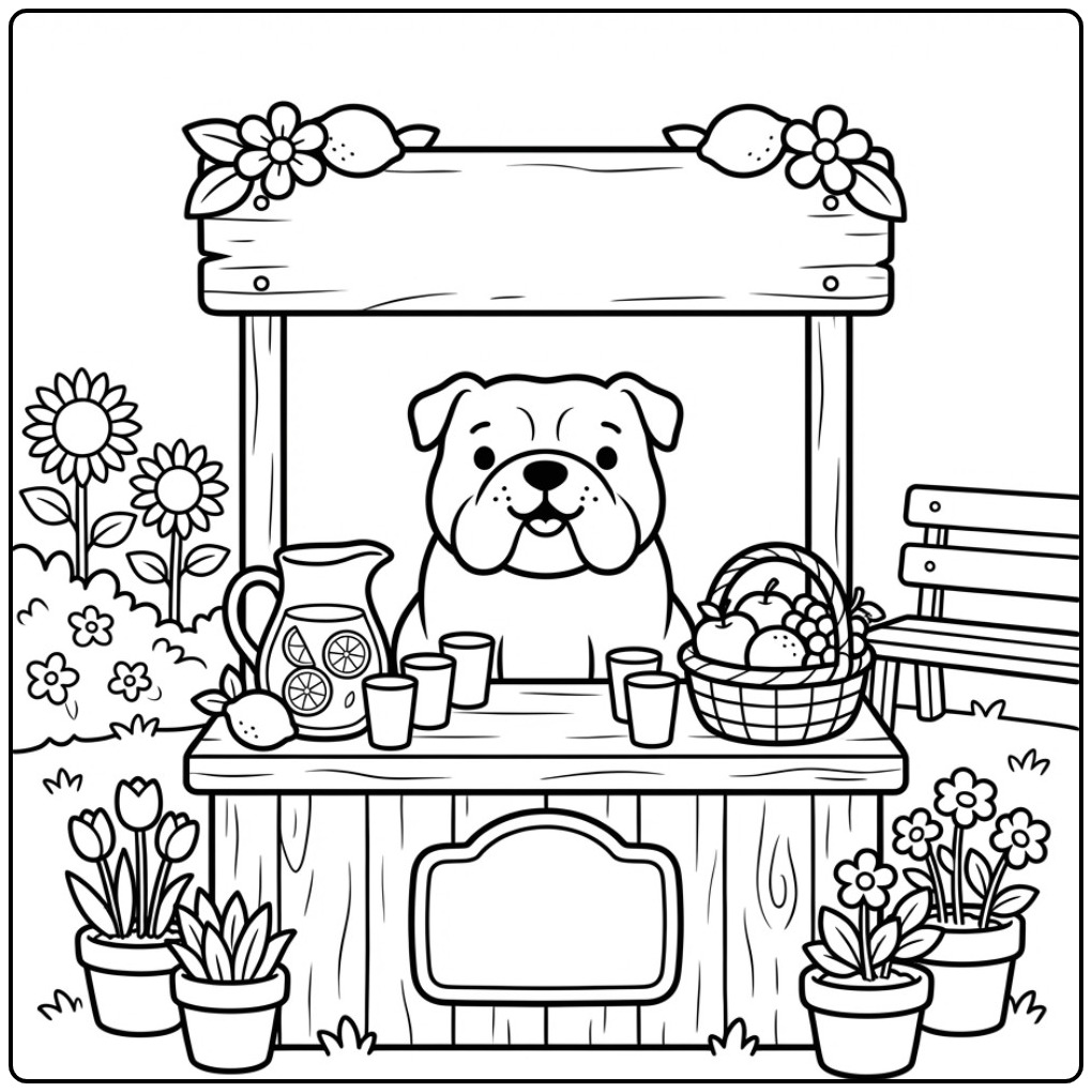 Een schattige kleurplaat bulldog bij een limonadekraampje.