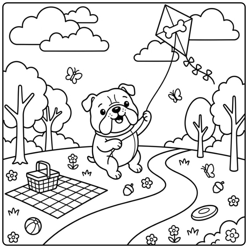 Een leuke kleurplaat bulldog met een vlieger in een zonnig park.