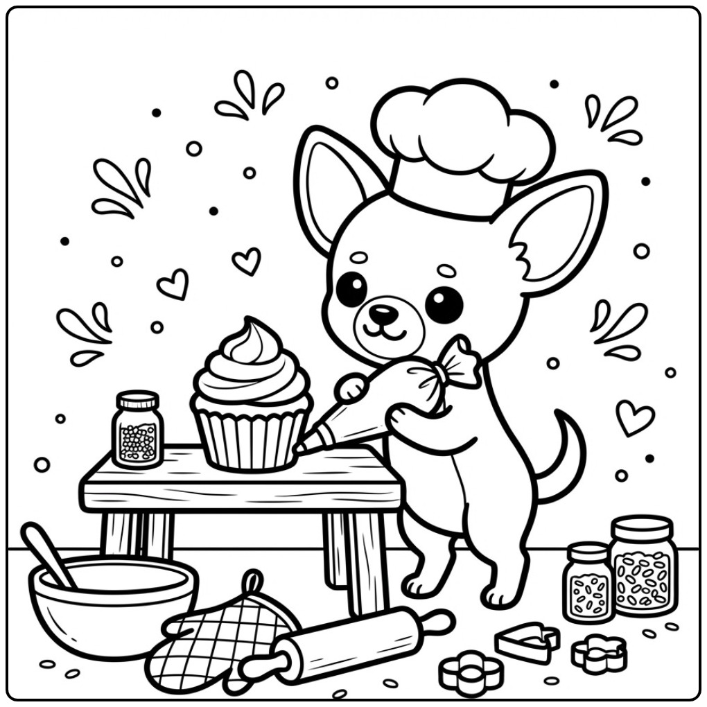Schattige kleurplaat chihuahua die een lekkere cupcake versiert.