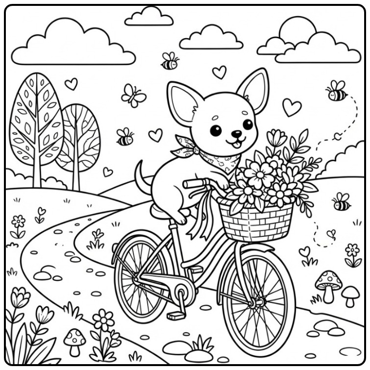 Schattige kleurplaat chihuahua op een fiets met bloemenmand.
