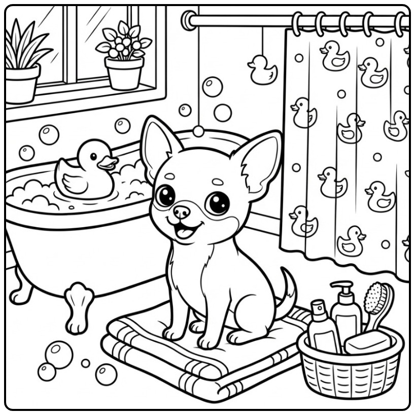 Leuke kleurplaat chihuahua die wacht op een bad in de badkamer.