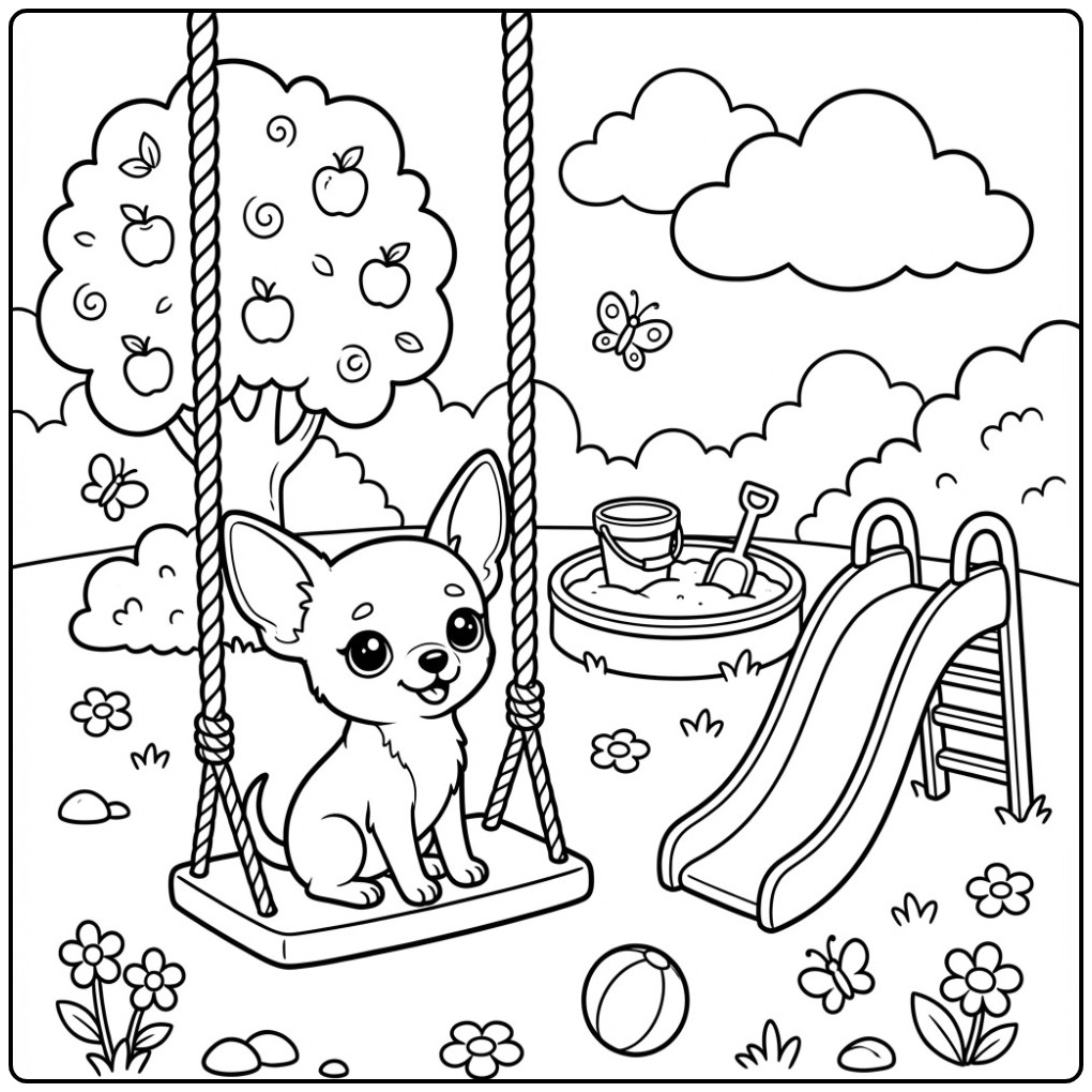 Een schattige kleurplaat chihuahua op een schommel in een park.