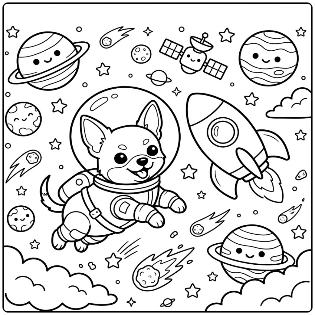 Schattige kleurplaat chihuahua als astronaut in de ruimte.