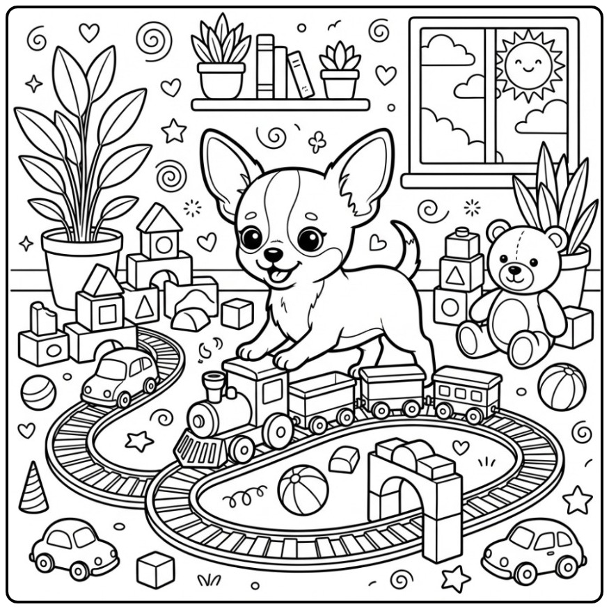 Een schattige kleurplaat chihuahua te midden van veel speelgoed.