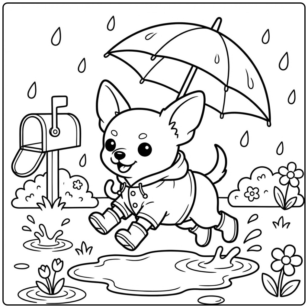 Een schattige kleurplaat chihuahua met een paraplu in de regen.