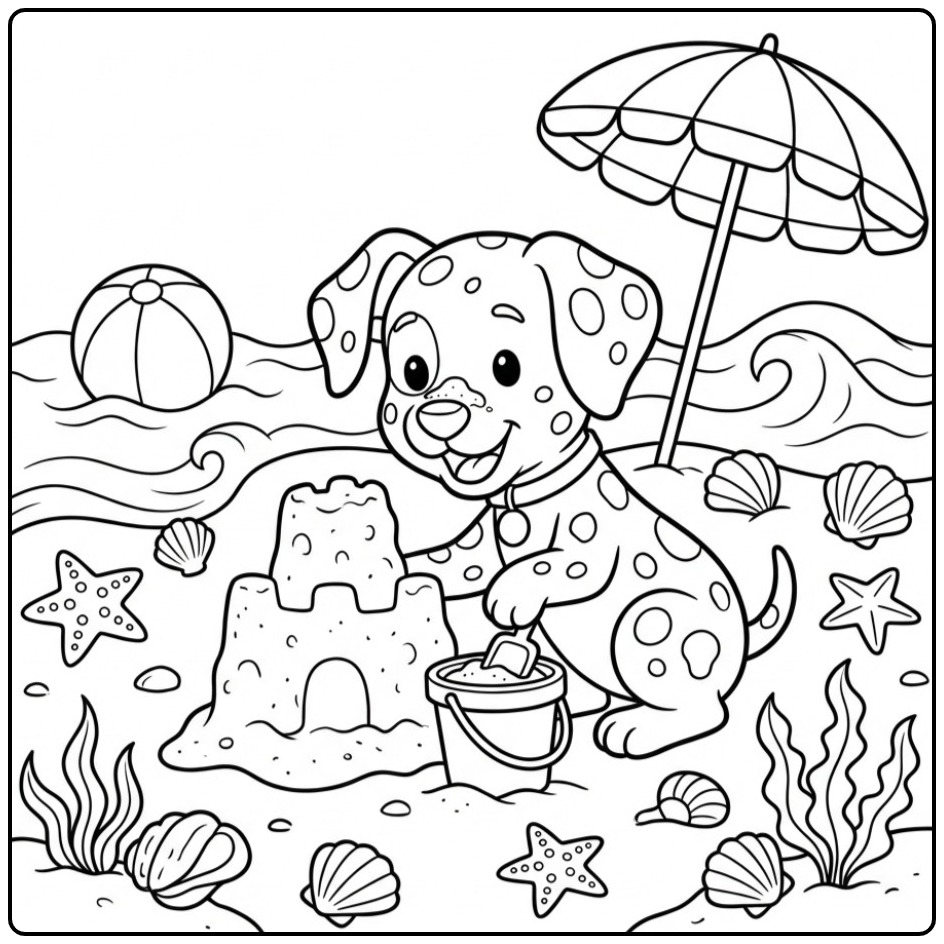 Een schattige kleurplaat dalmatier op het strand met een emmer.