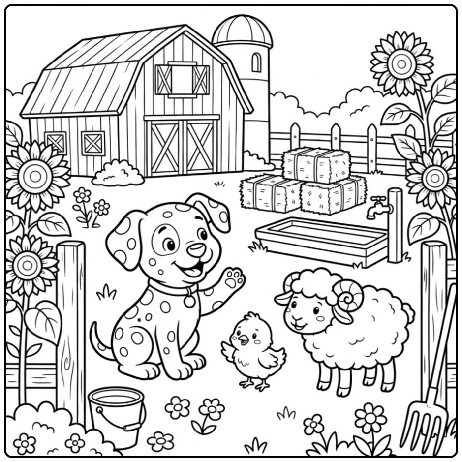 Leuke kleurplaat dalmatier puppy op de boerderij met vriendjes.