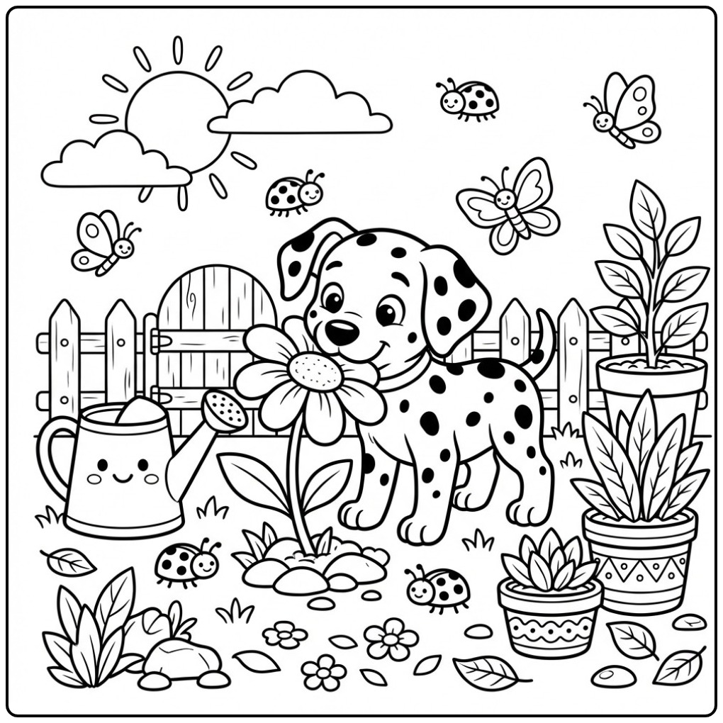 Een lieve kleurplaat dalmatier in een tuin met een bloem.