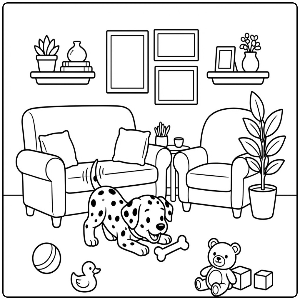 Speelse kleurplaat dalmatier pup in een gezellige huiskamer.