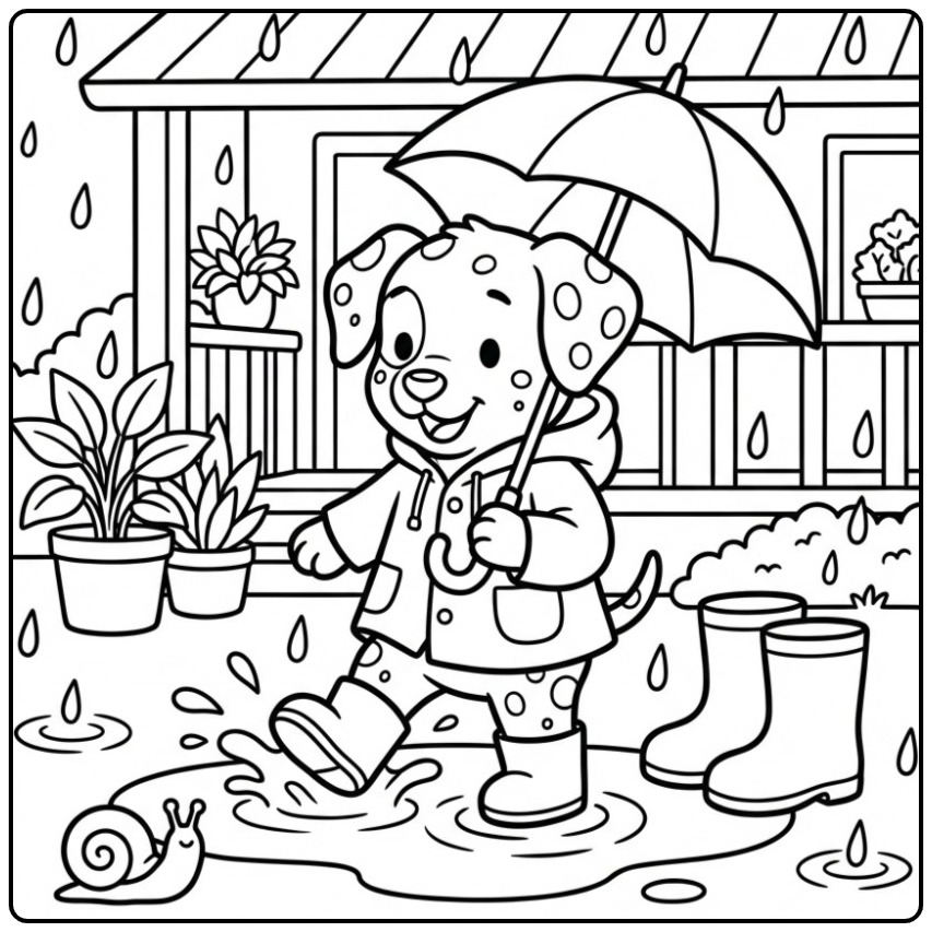 Een leuke kleurplaat dalmatier puppy die in een plas stampt.