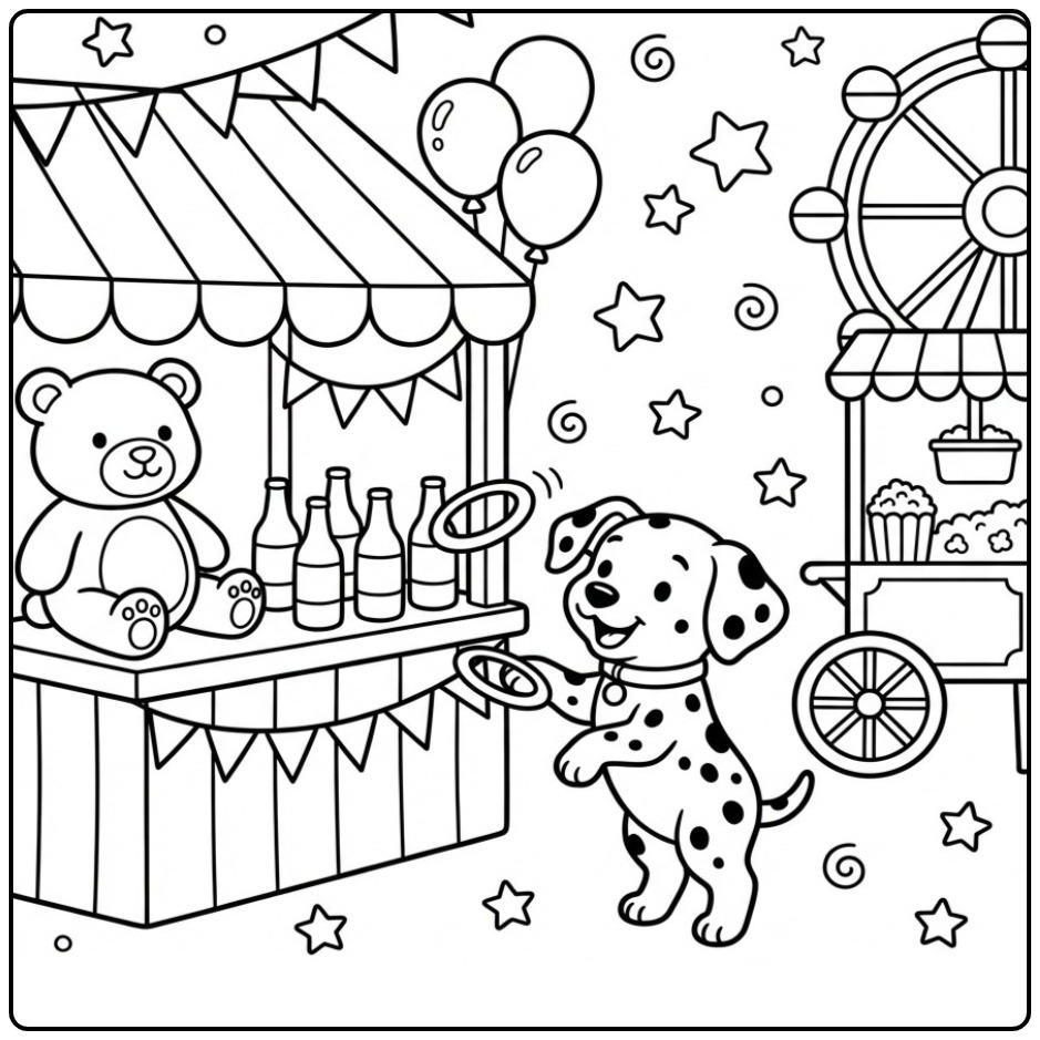 Leuke kleurplaat dalmatier die een ringwerpspel speelt.