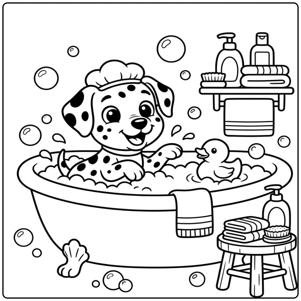 Een schattige kleurplaat dalmatier die een bad neemt met sop.