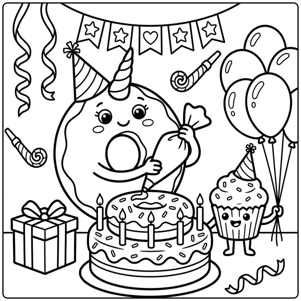 Een feestelijke kleurplaat donut unicorn met een verjaardagstaart.