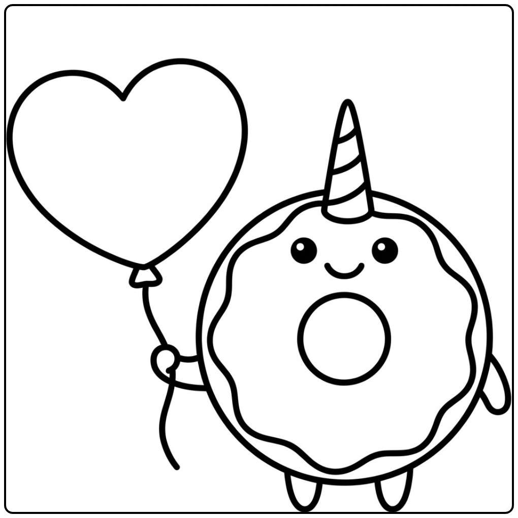 Een schattige kleurplaat donut unicorn met een hartjesballon.