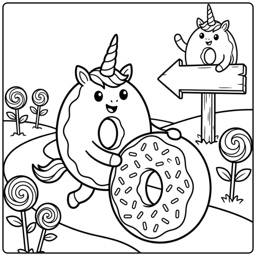 Schattige kleurplaat donut unicorn in een snoepland met lolly's.