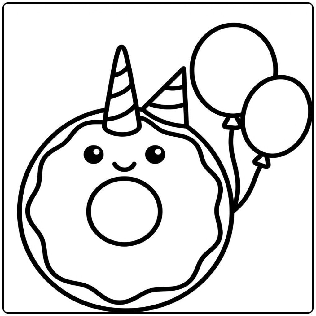 Een schattige kleurplaat donut unicorn met een feestmuts op.