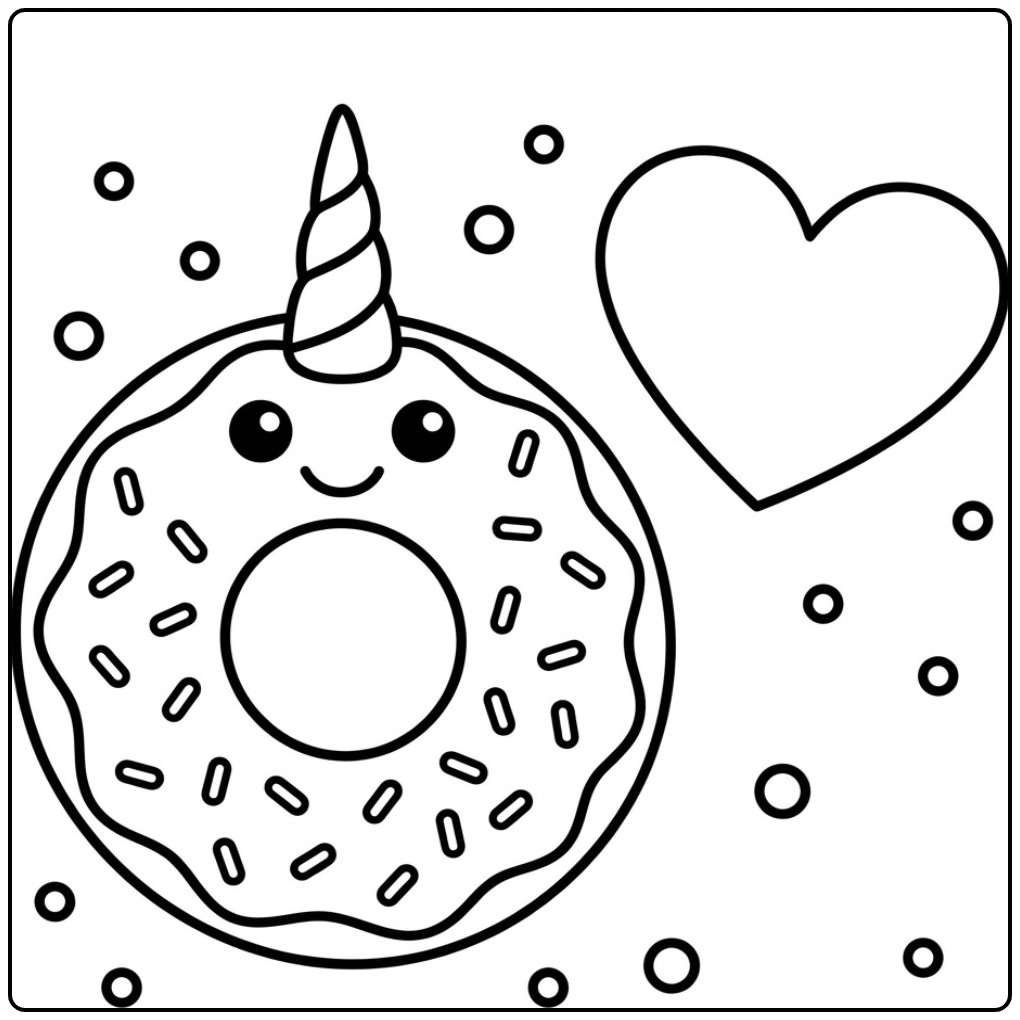 Schattige kleurplaat donut unicorn met een vrolijk hartje.