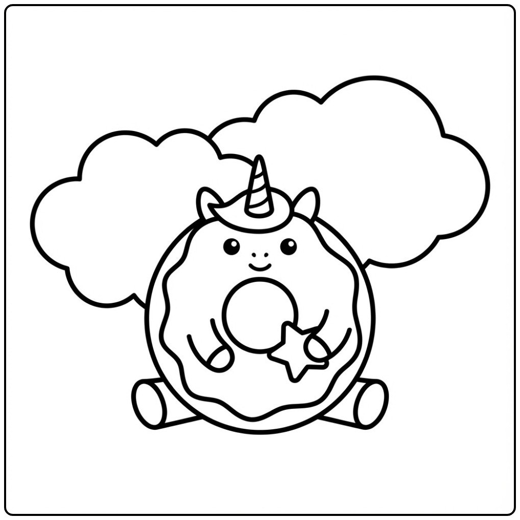 Schattige kleurplaat donut unicorn met een ster en wolken.