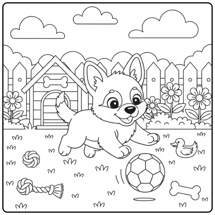 Een speelse kleurplaat duitse herder pup met een bal in de tuin.